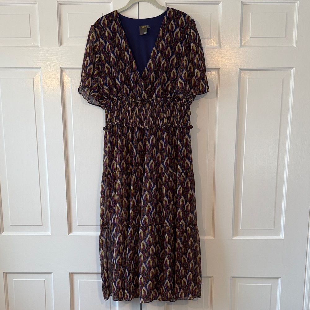 Taylor Surplice Maxi Dress Blue Purple Gold Abstract Flutter Sleeve Tiered Large
